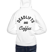 Load image into Gallery viewer, Deadlifts and Coffee White Unisex Hoodie