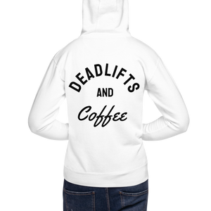 Deadlifts and Coffee White Unisex Hoodie